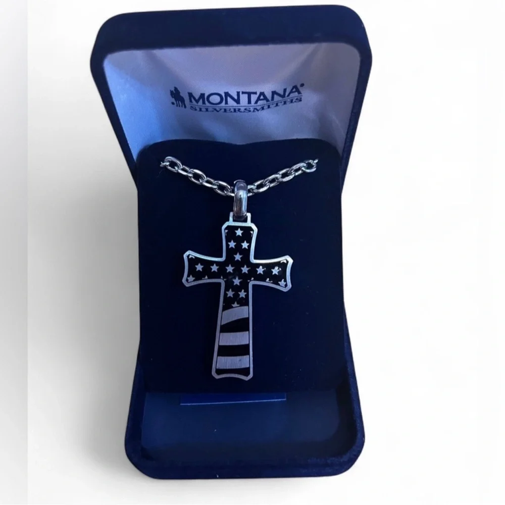 NEW Montana Silversmith Men’s Patriotic Faith Cross Necklace 24” Stainless Steel